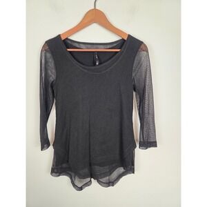Porto Black Cotton Mesh Layered Top 3/4 Sleeve Scoop Neck Size 0 (XS) Minimalist